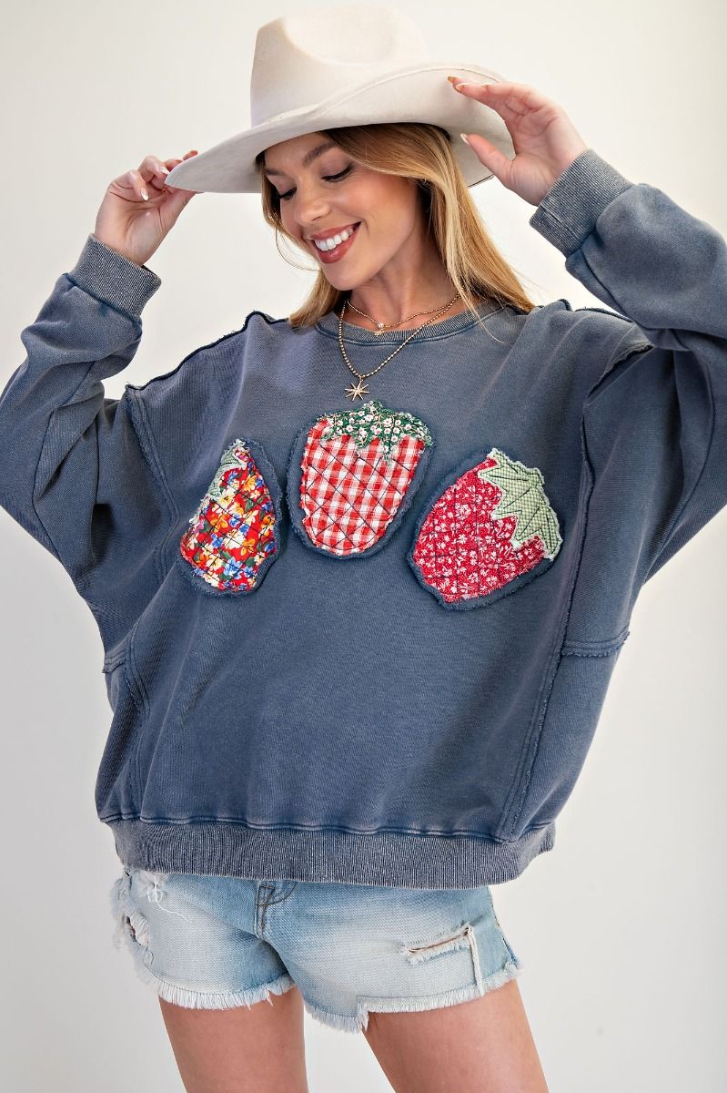 Easel Strawberry Patch Washed Terry Pullover