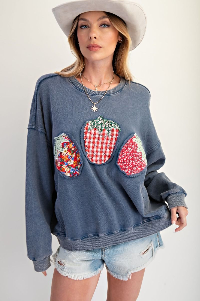 Easel Strawberry Patch Washed Terry Pullover