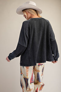 Easel Washed Textured Thermal Henley Top in Black ET72021