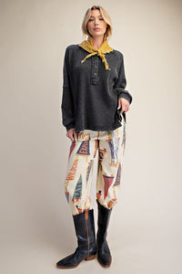 Easel Washed Textured Thermal Henley Top in Black ET72021