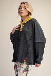 Easel Washed Textured Thermal Henley Top in Black ET72021