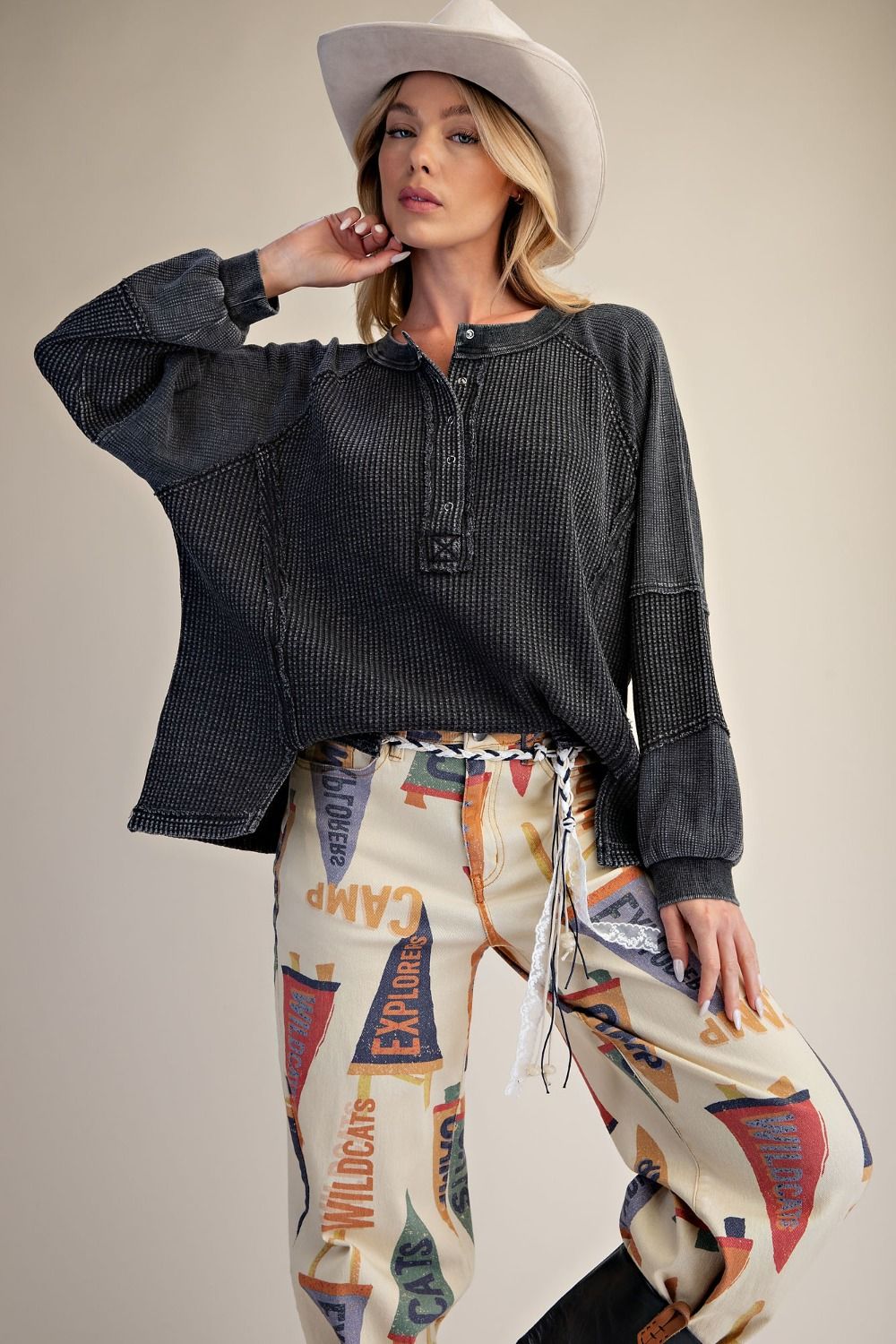Easel Washed Textured Thermal Henley Top in Black ET72021