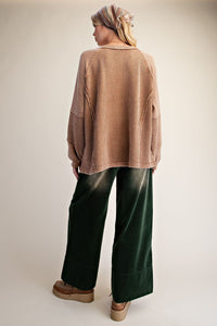 Easel Washed Textured Thermal Henley Top in Mocha