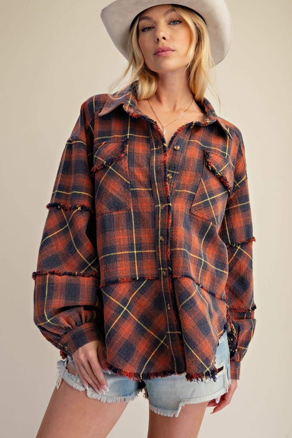 Easel Plaid Washed Button Down Shirt - Navy