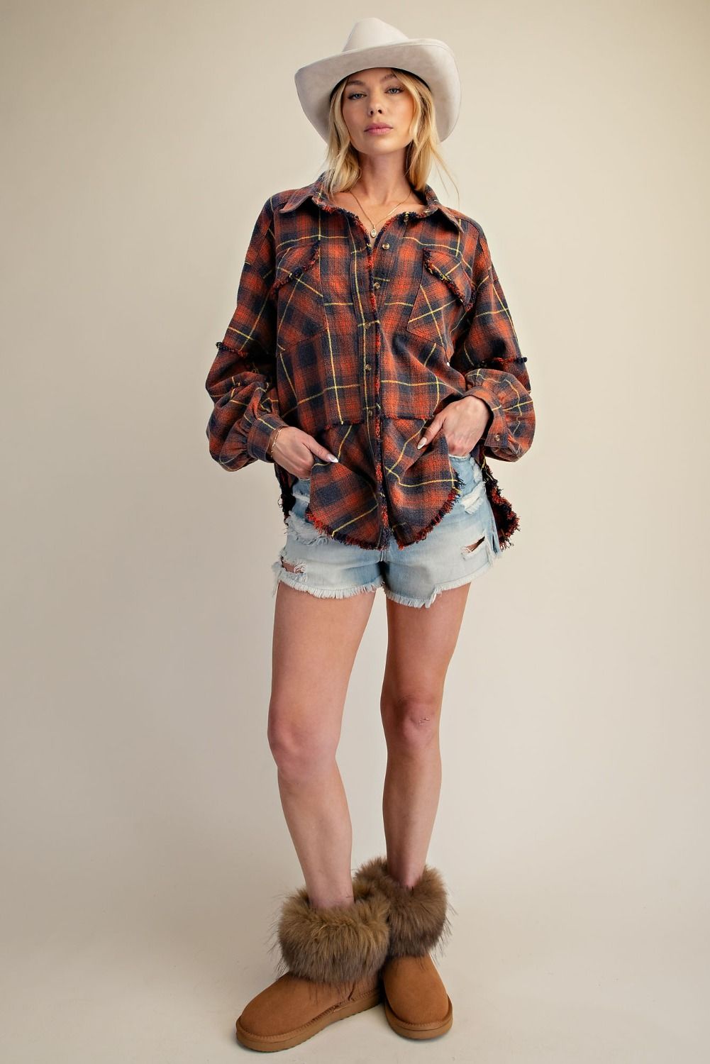 Easel Plaid Washed Button Down Shirt - Navy