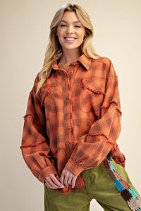 Easel Plaid Washed Button Down Shirt - Orange Red