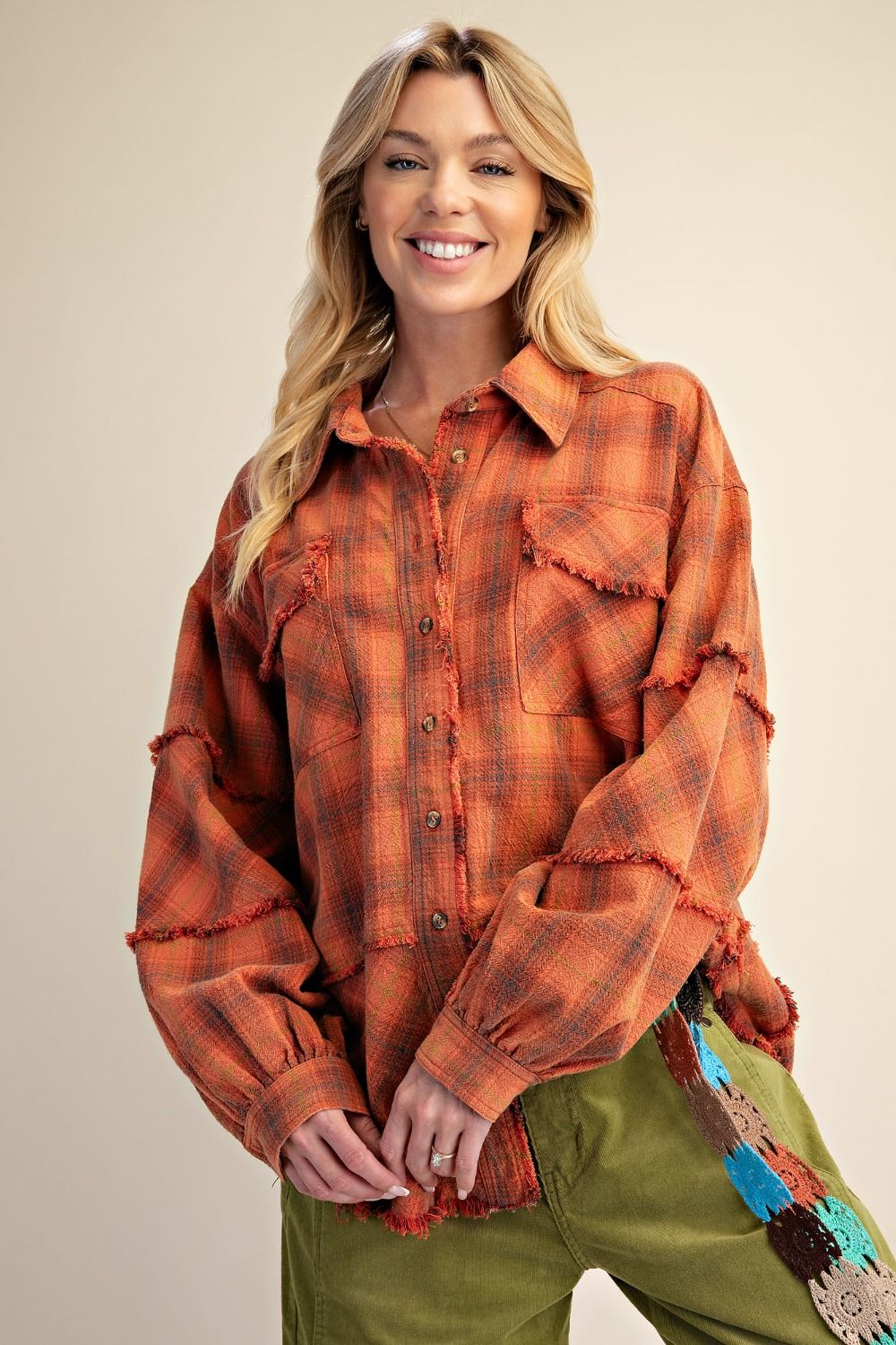 Easel Plaid Washed Button Down Shirt - Orange Red