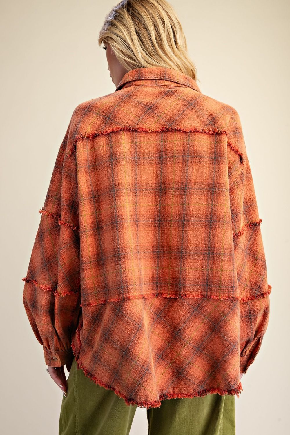 Easel Plaid Washed Button Down Shirt - Orange Red