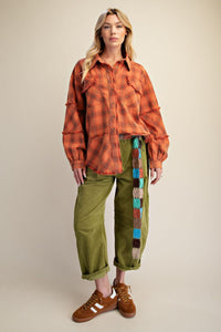 Easel Plaid Washed Button Down Shirt - Orange Red