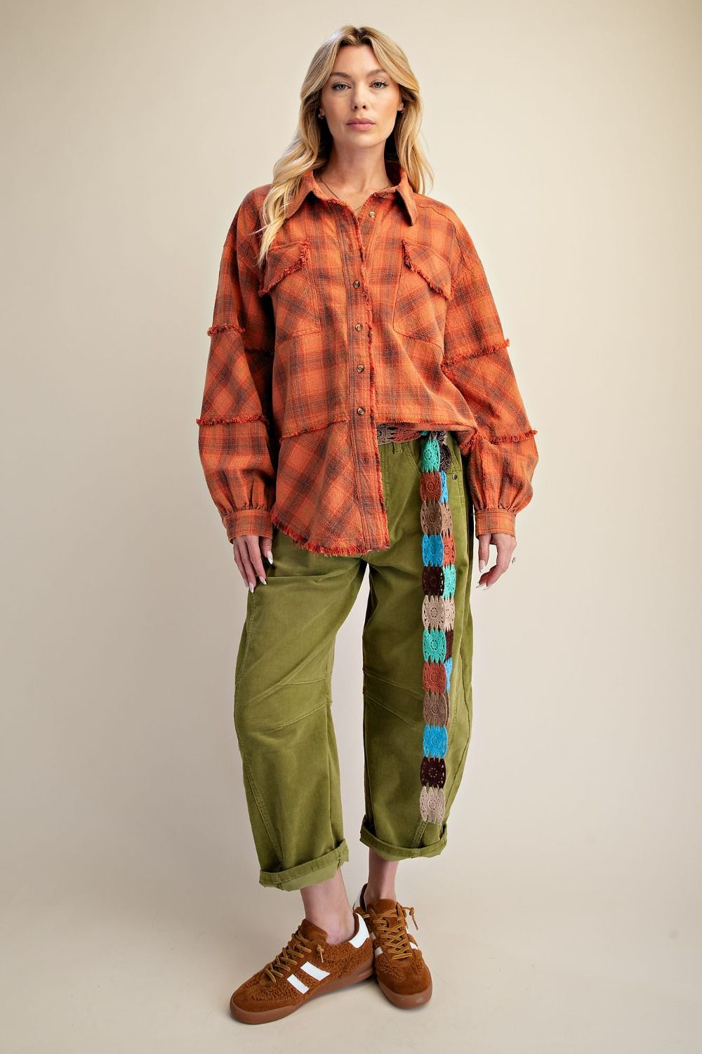 Easel Plaid Washed Button Down Shirt - Orange Red