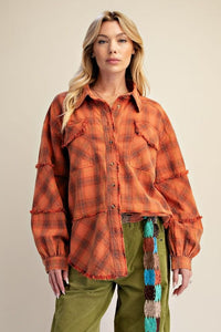 Easel Plaid Washed Button Down Shirt - Orange Red