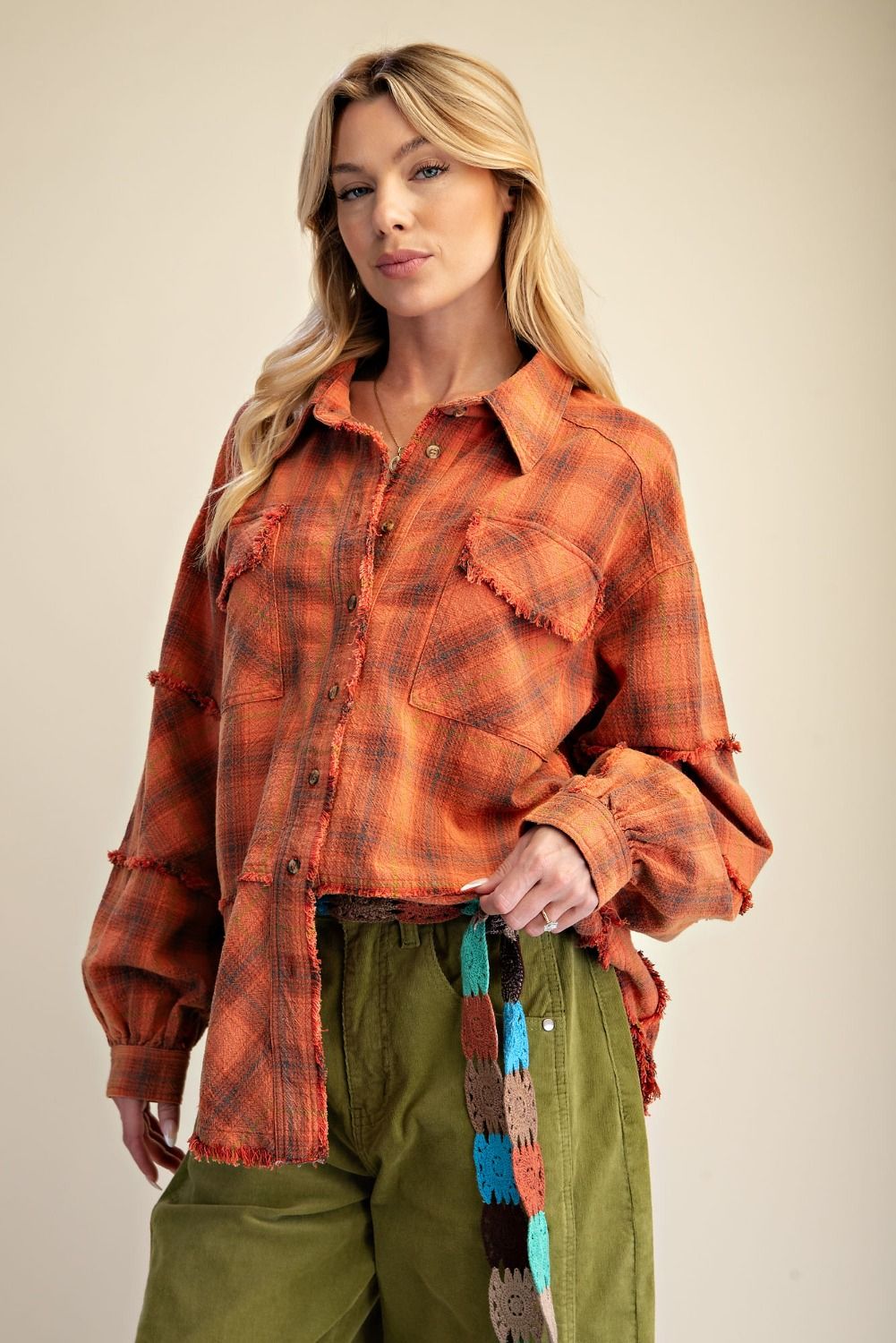 Easel Plaid Washed Button Down Shirt - Orange Red