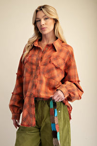 Easel Plaid Washed Button Down Shirt - Orange Red