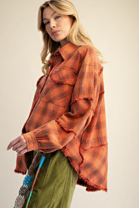 Easel Plaid Washed Button Down Shirt - Orange Red