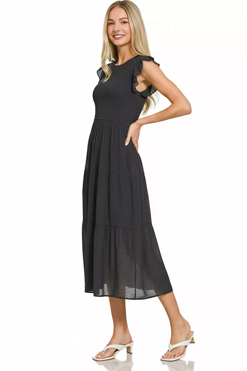 Woven Smocked Ruffle Sleeve Midi Dress in Black