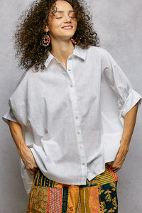 Off White Cotton Button Down Half Dolman Sleeve Shirt