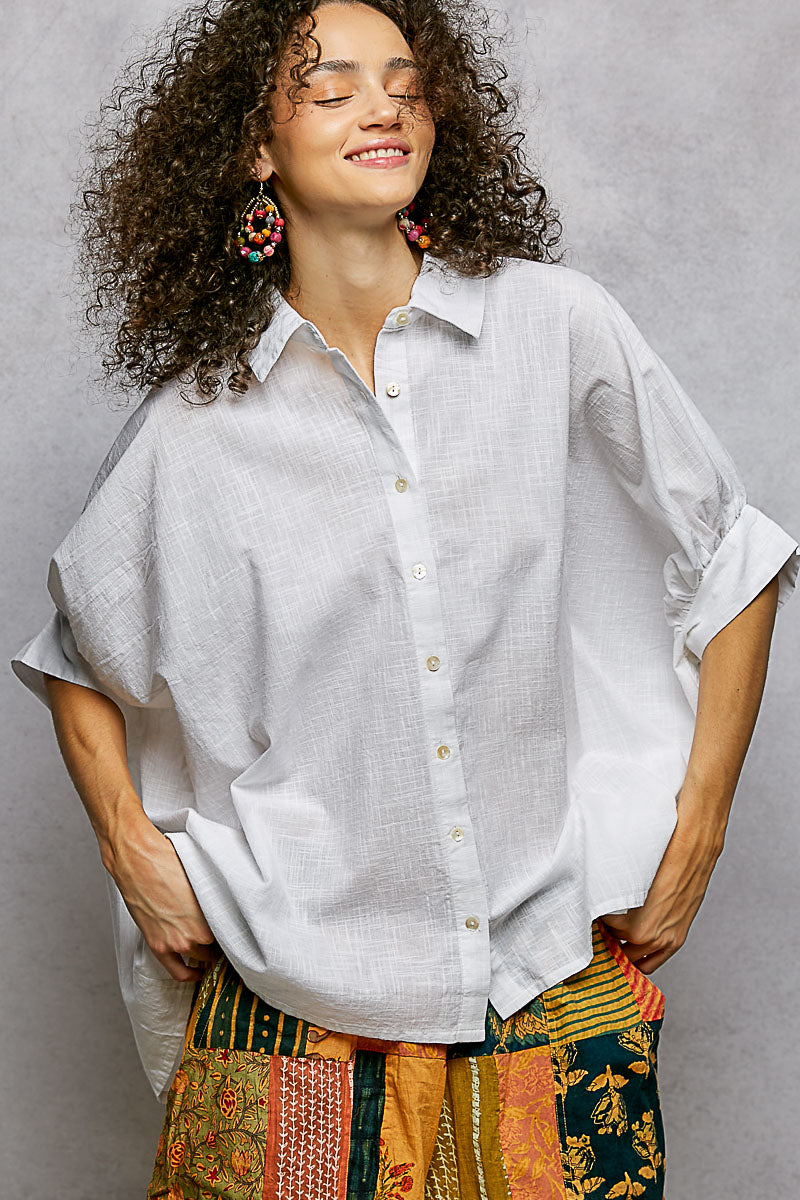 Off White Cotton Button Down Half Dolman Sleeve Shirt