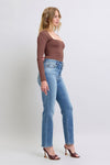 Judy Blue Vintage Wash Thermal Straight Jeans 
These straight cut jeans feature Judy Blue stretch denim with a brushed thermal interior for an extra layer of warmth during the colder months! Designed with a high rise, medium wash, stitching on the back pockets, and no distressing.