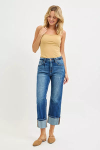 Risen High Rise Straight Cuffed Seam Detail Jeans 