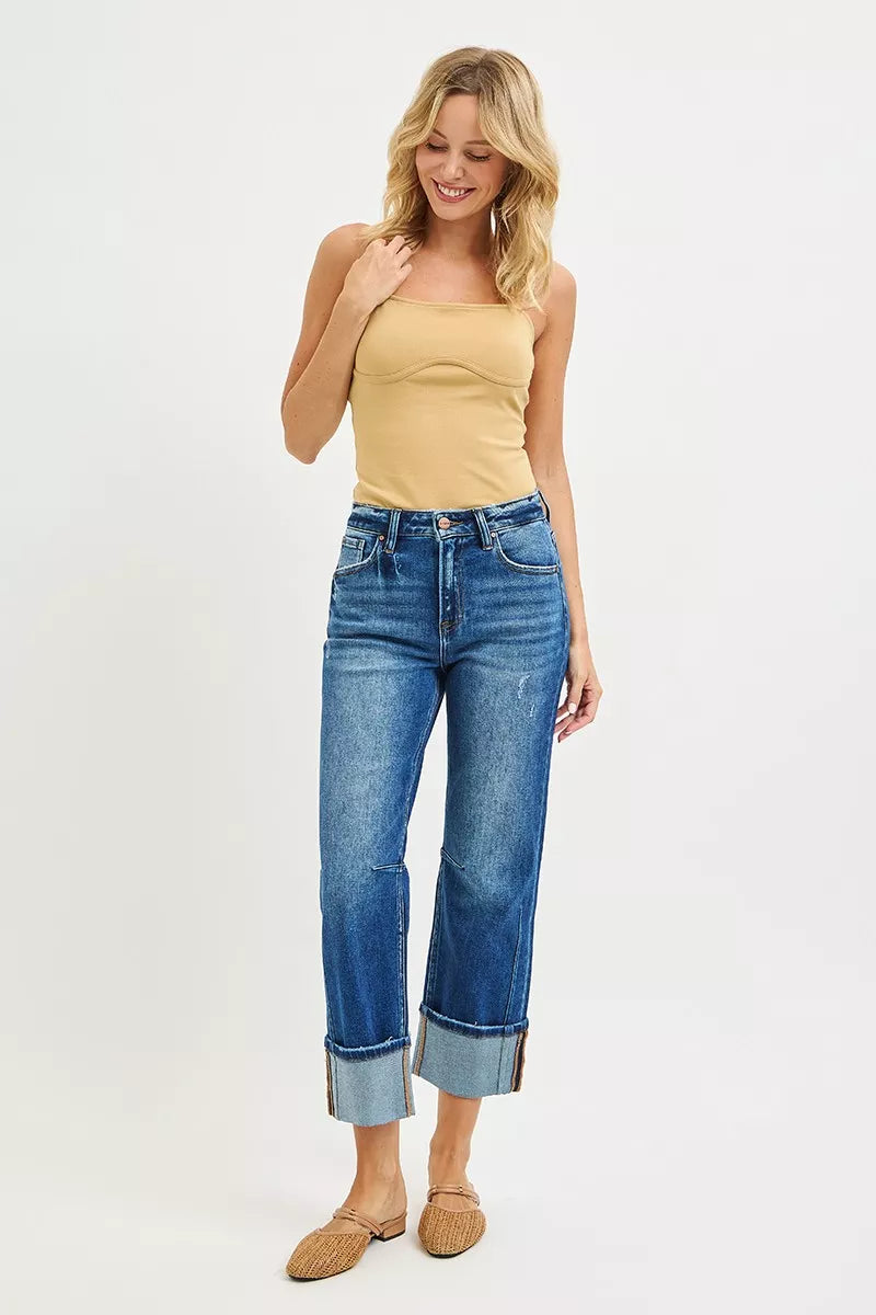 Risen High Rise Straight Cuffed Seam Detail Jeans 
