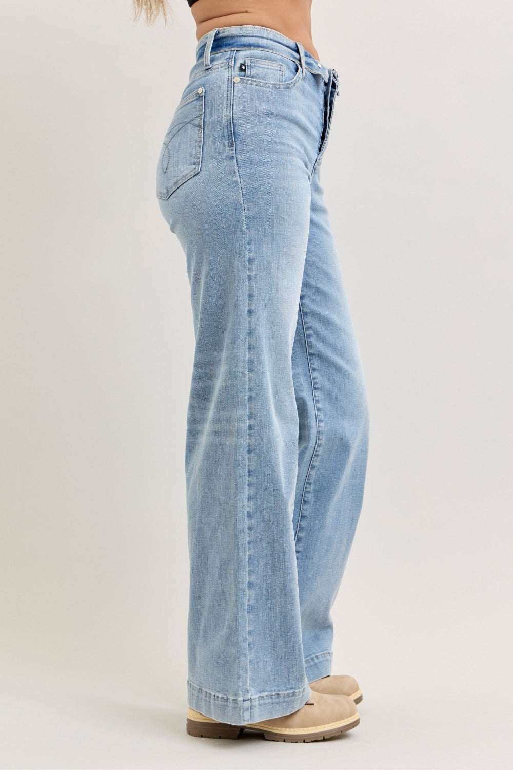 Judy Blue Mid Rise Fold-Over Waistband Retro Wide Leg Jeans