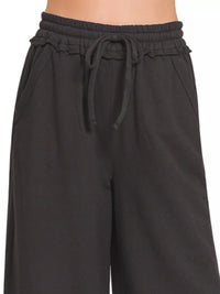 Zenana Exposed Seam Wide Leg French Terry Sweatpants in Black