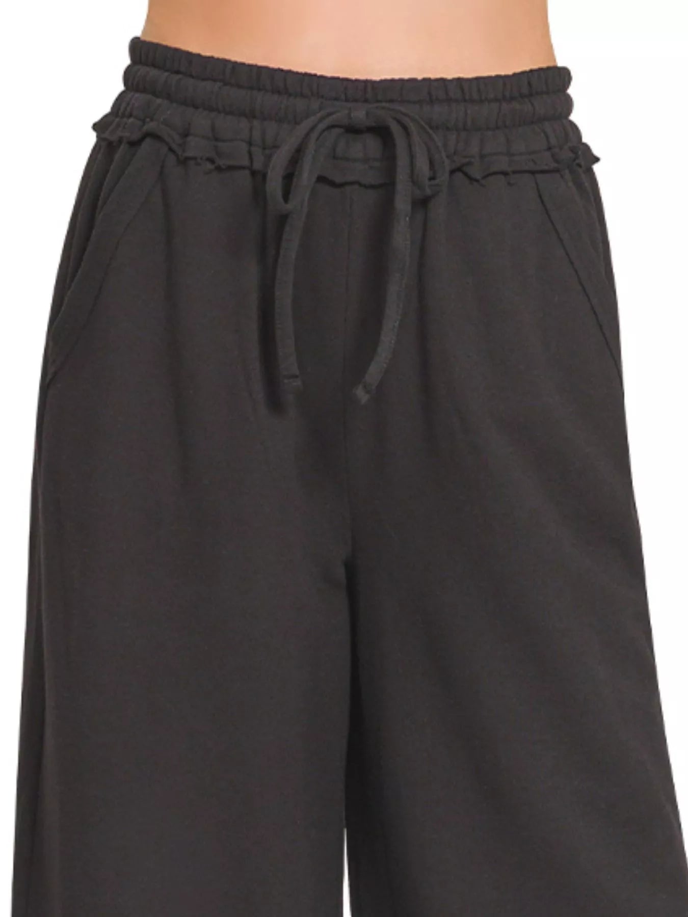 Zenana Exposed Seam Wide Leg French Terry Sweatpants in Black