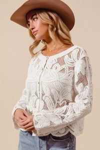 Button Front Crochet Floral Lace Cardigan