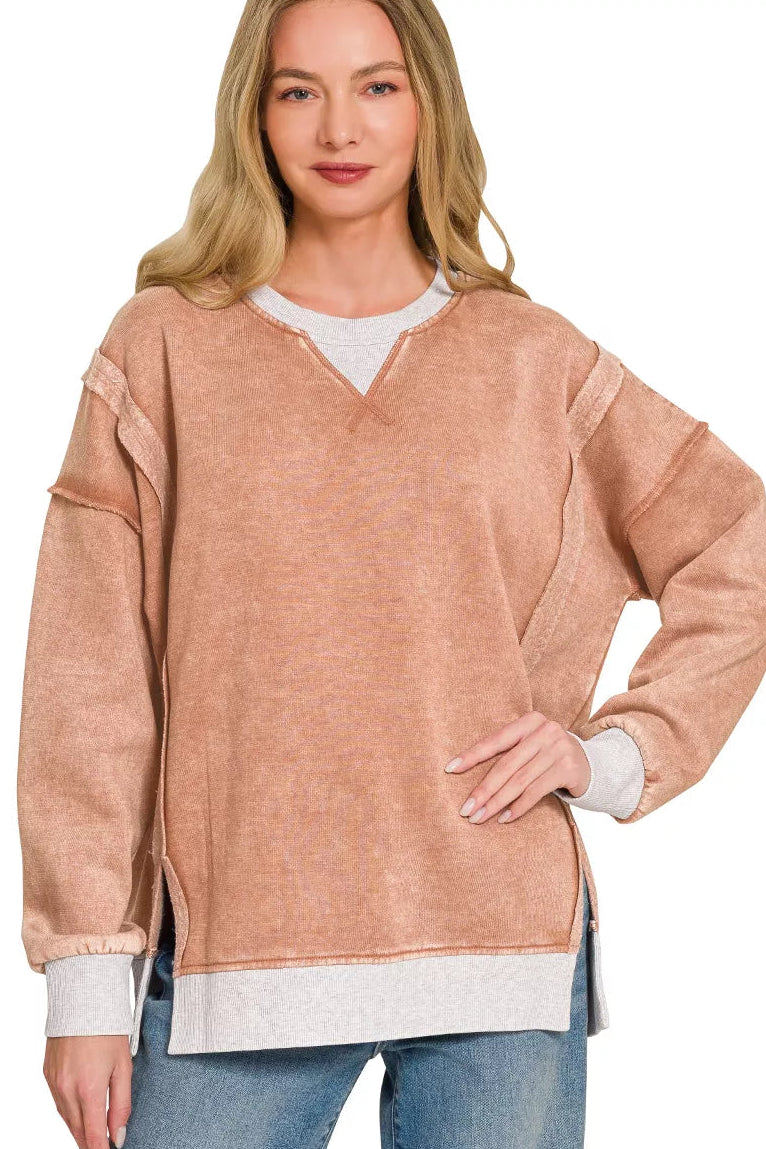Zenana Fleece Acid Washed Contrast Trim Sweatshirt in Rust