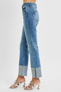 Risen High Rise Straight Jeans with Wide Cuff