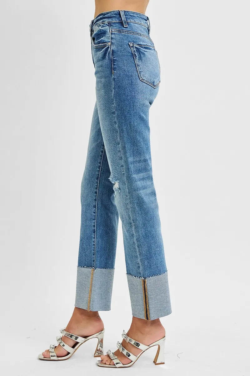 Risen High Rise Straight Jeans with Wide Cuff