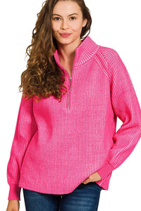Zenana Ribbed Two Tone Half Zip Sweater in Hot Pink/Candy Pink
