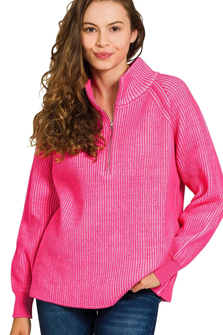 Zenana Ribbed Two Tone Half Zip Sweater in Hot Pink/Candy Pink