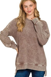 Acid Washed Double Ribbed Hi-low Pullover Sweatshirt in Brown