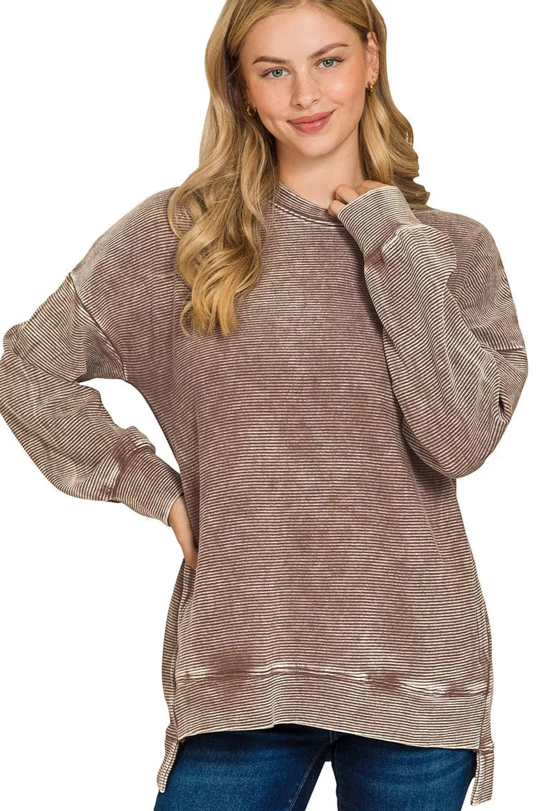 Acid Washed Double Ribbed Hi-low Pullover Sweatshirt in Brown