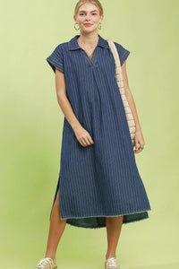 Umgee Pinstripe Denim Collared Midi Dress with Side Slits - Dark Denim