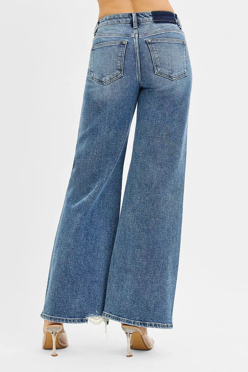 Risen Mid Rise Distressed Wide Leg Jeans