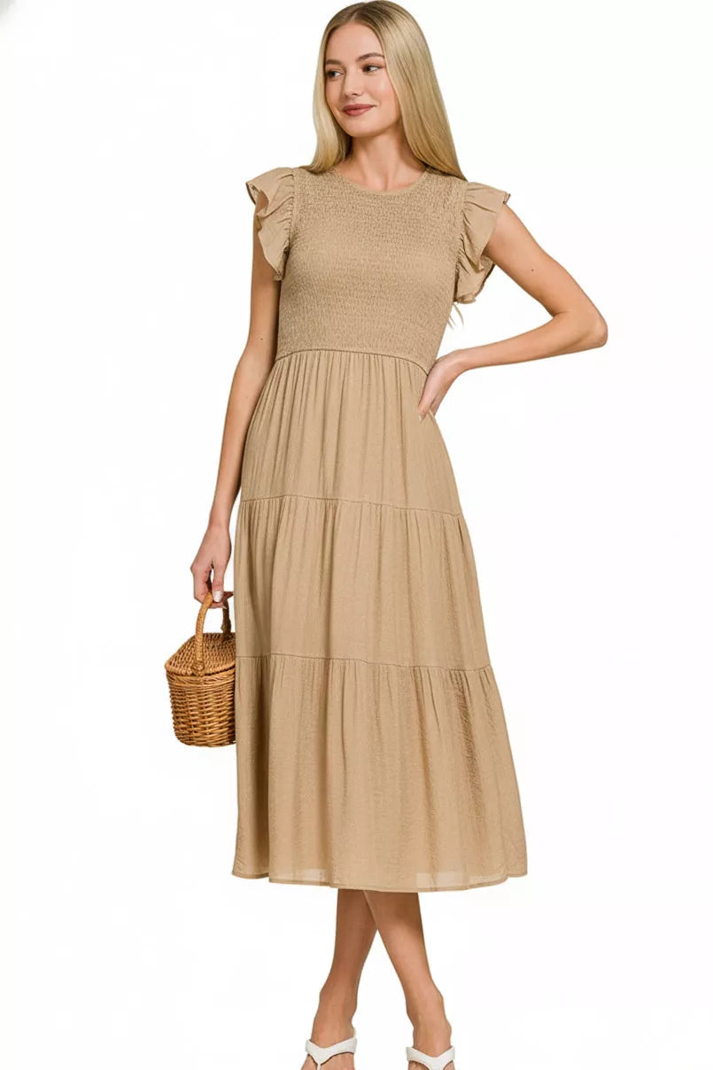 Zenana Woven Smocked Ruffle Sleeve Midi Dress in Light Mocha