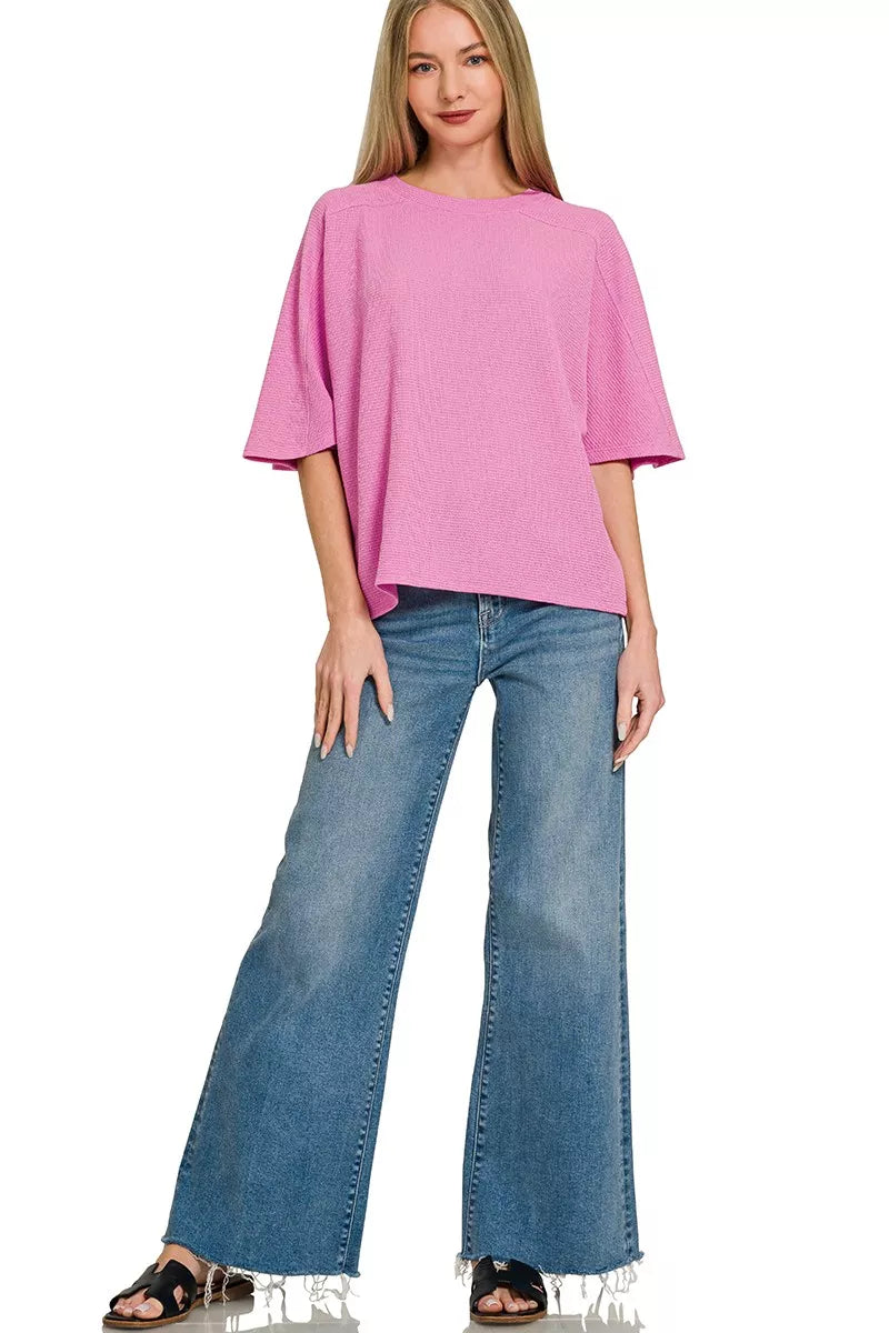 Zenana Double Knit Short Sleeve Top in Candy Pink