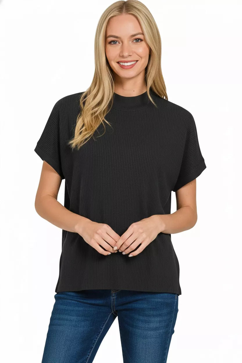 Zenana Viscose Mock Neck Short Sleeve Boxy Sweater Knit Top in Black