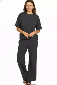 Zenana Ribbed Round Neck Pullover and Pants Set in Black
