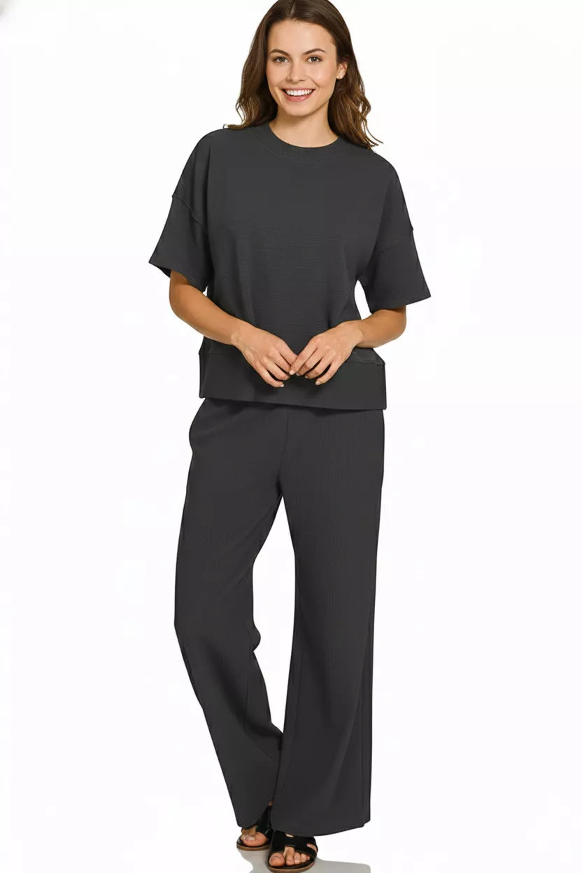 Zenana Ribbed Round Neck Pullover and Pants Set in Black