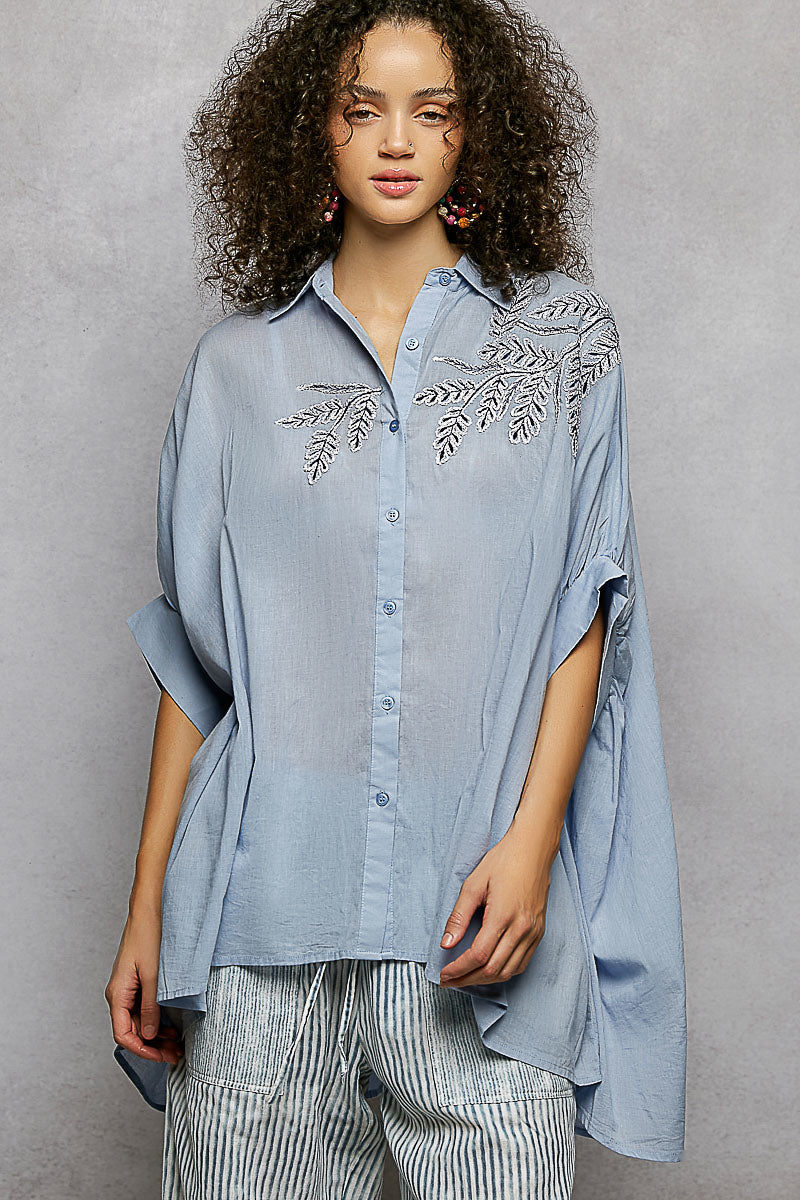 POL Floral Embroidered Button Down High-Low Hem Shirt