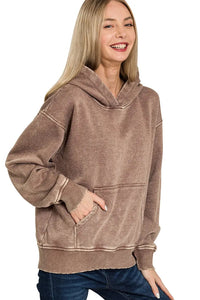 Zenana Fleece Mineral Wash Basic Hoodie in Brown