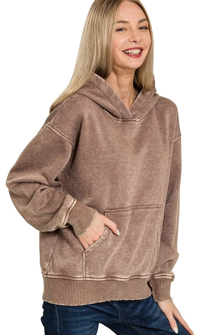 Zenana Fleece Mineral Wash Basic Hoodie in Brown