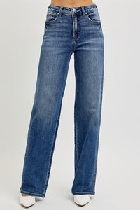 RISEN High Rise Tummy Control Wide Baggy Jeans. Medium wash denim with a straight baggy cut and high rise with no distressing. 