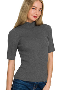Zenana Viscose Ribbed Mock Neck Sweater Knit Top in Charcoal