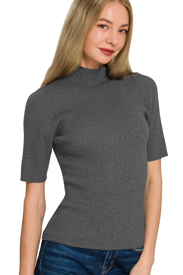 Zenana Viscose Ribbed Mock Neck Sweater Knit Top in Charcoal