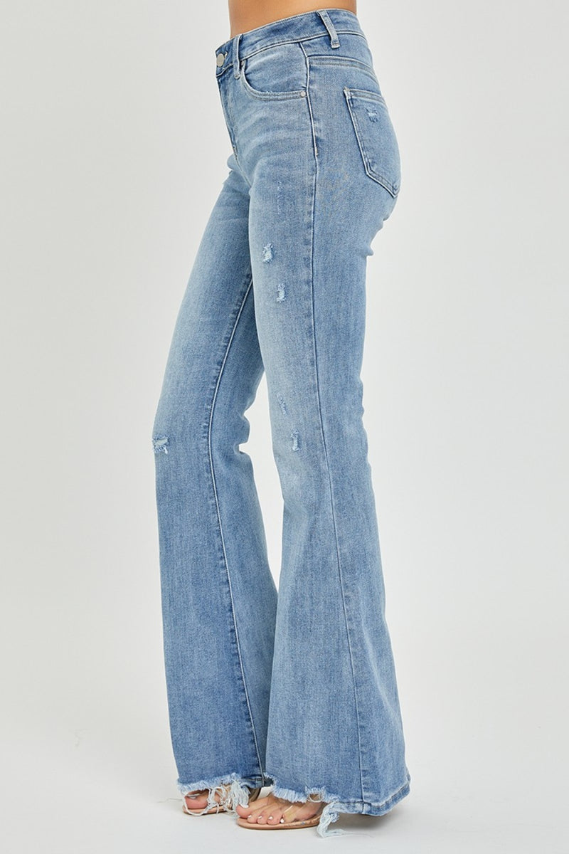 Risen High Rise Distressed Frayed Hem Flare Jeans