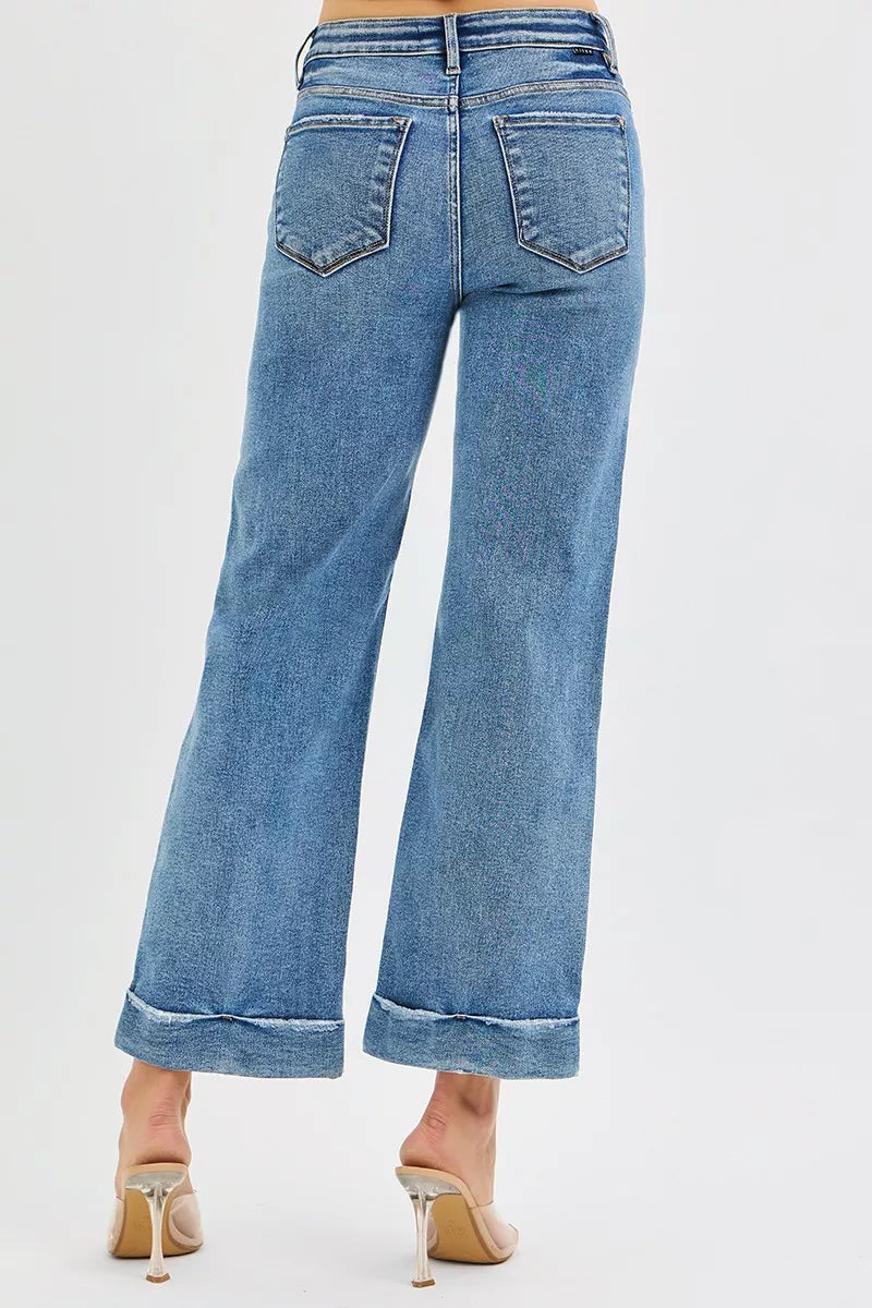 Risen Mid Rise Crop Straight Taylor Cuffed Jeans